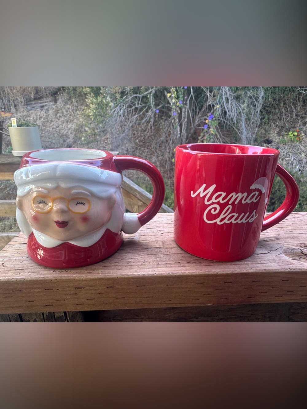 Set of (2) Ceramic Ms. Santa Face Mug & Red "Mama Claus" Mug